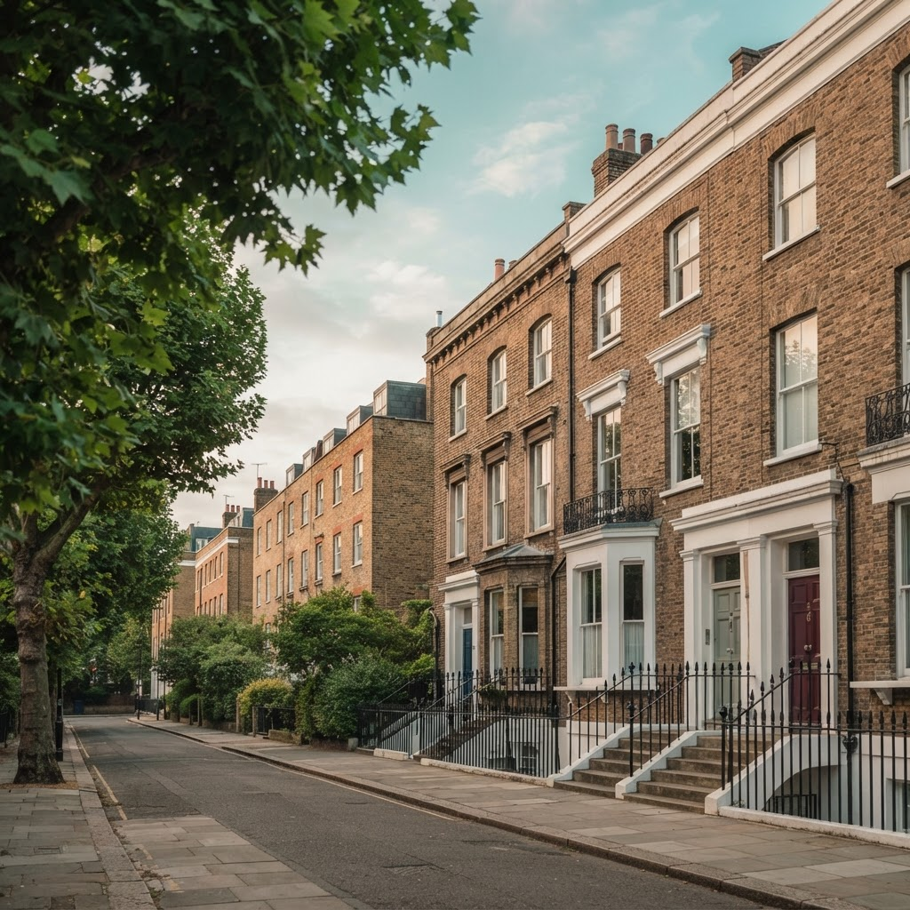 A quiet row of London residential townhouses lined with trees in soft morning light